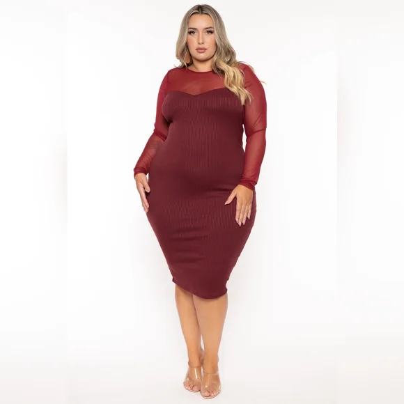 Plus Size Maryam Mesh Inset Midi Dress- Burgundy 4X / Burgundy at Curvy Sense
